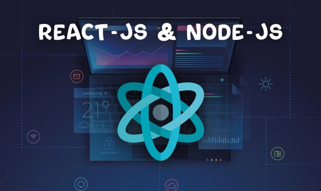  Illustration of Node.js and React.js logos with trend arrows 