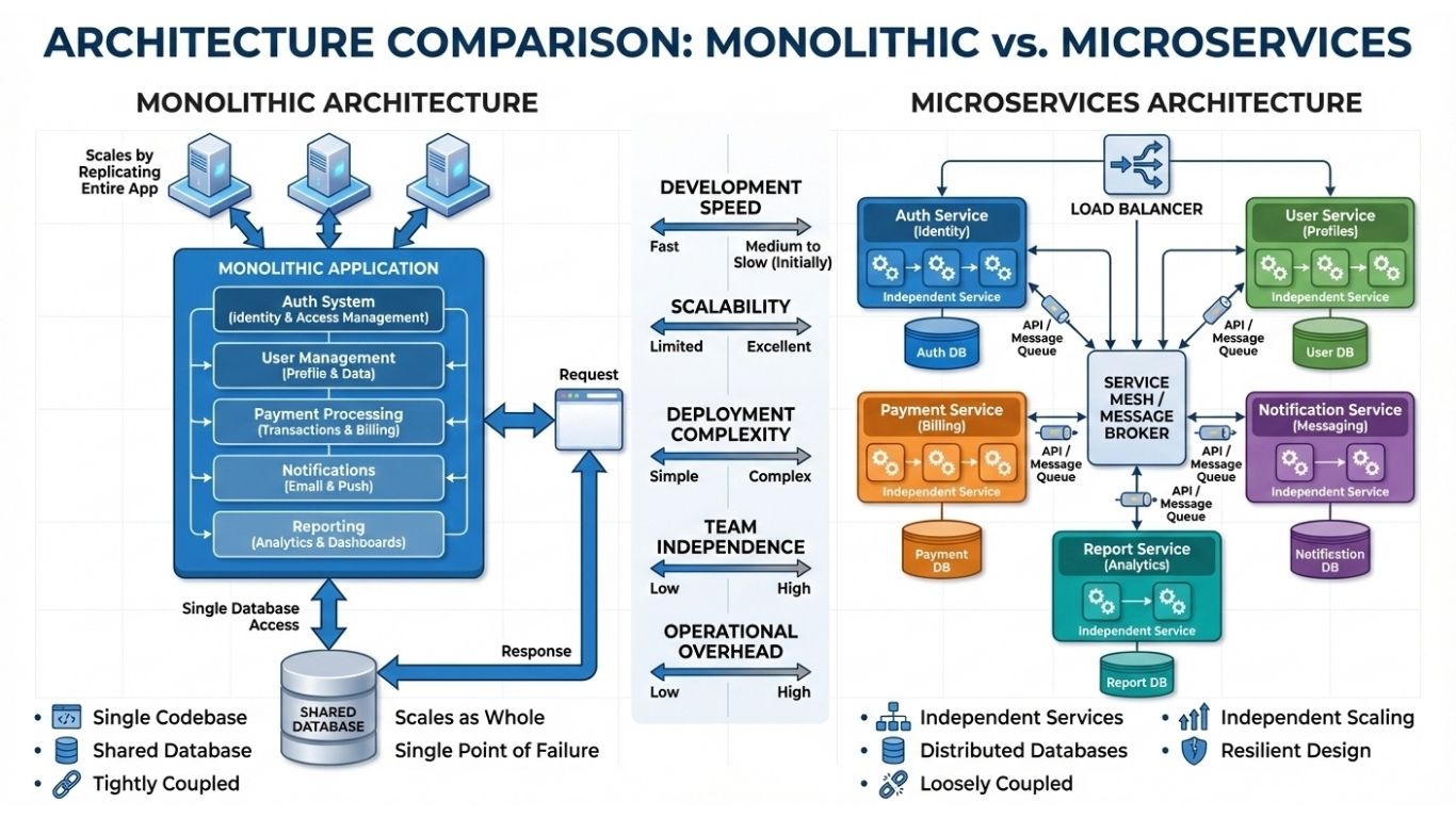 monolithic vs microservices architecture comparison showing scaling differences and database separation