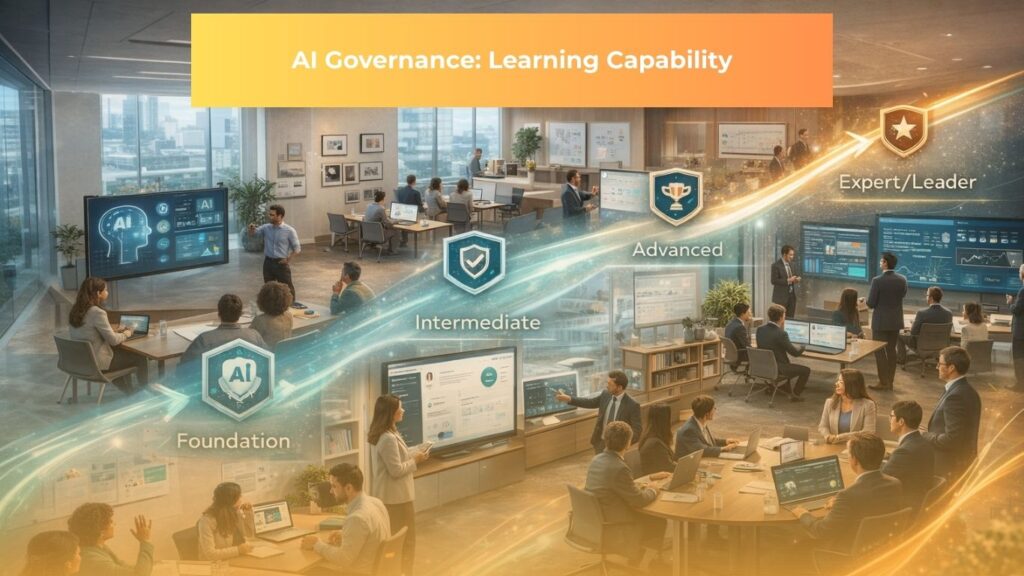 Organizational AI fluency progression showing learning journey from foundation level through advanced cross-functional governance expertise