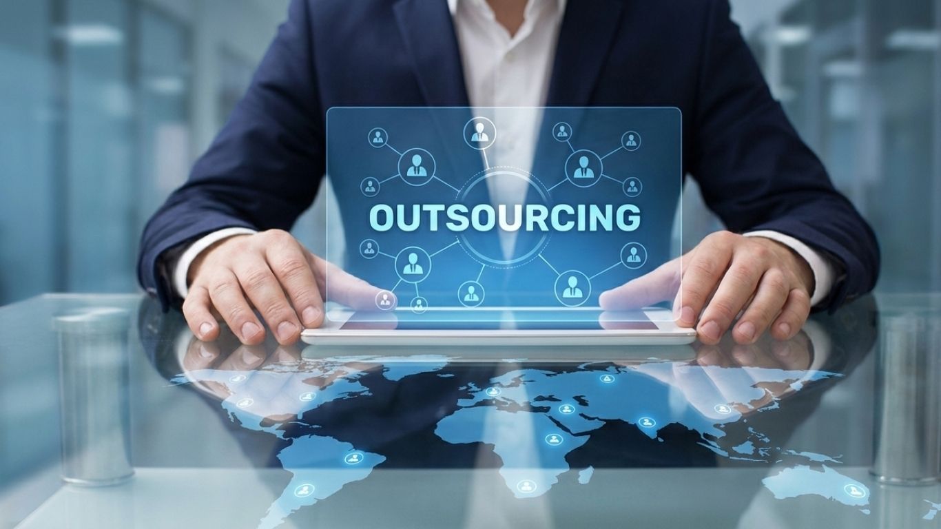 Vietnam IT Outsourcing Company Insights 2026: Market Landscape & Leading Providers 20 Executive using tablet with outsourcing hologram and world map