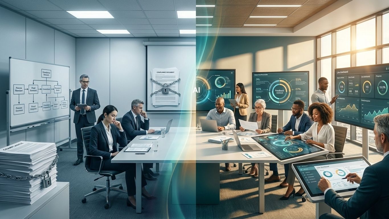 Split-screen showing AI governance evolution from static compliance to dynamic continuous learning environment