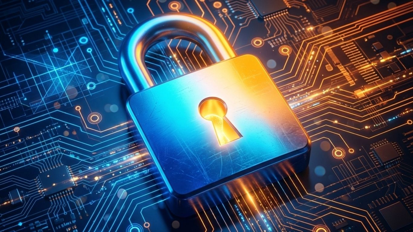 Enterprise digital security encryption padlock circuit board cybersecurity infrastructure