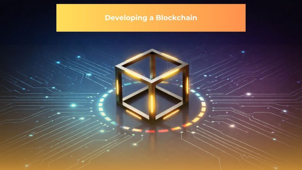 Blockchain network hero image with a central block/cube