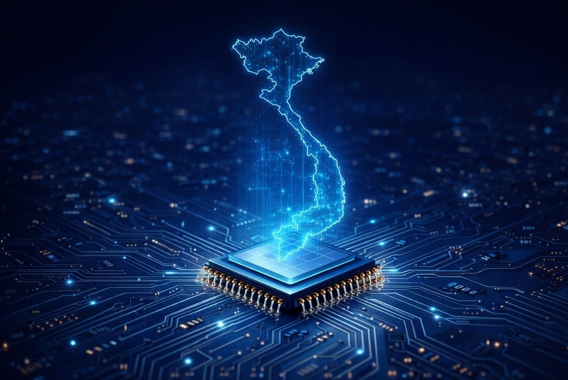Vietnam IT Outsourcing Company Insights 2026: Market Landscape & Leading Providers 11 Glowing Vietnam map projected from central microchip on circuit board