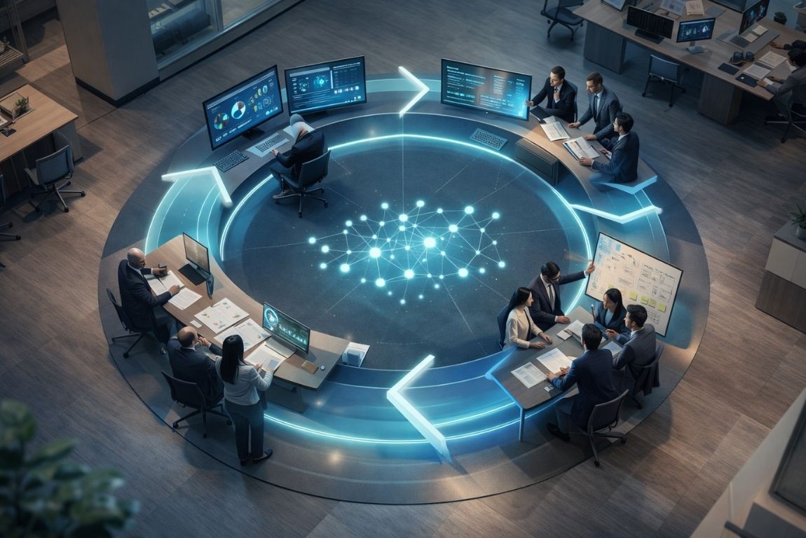 Isometric visualization of continuous AI governance feedback loop with monitoring, learning, and policy refinement stages