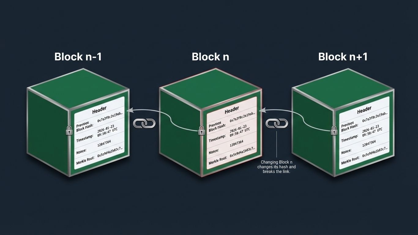 Three blockchain blocks linked by previous-hash references, showing header fields and tamper-resistant chaining.