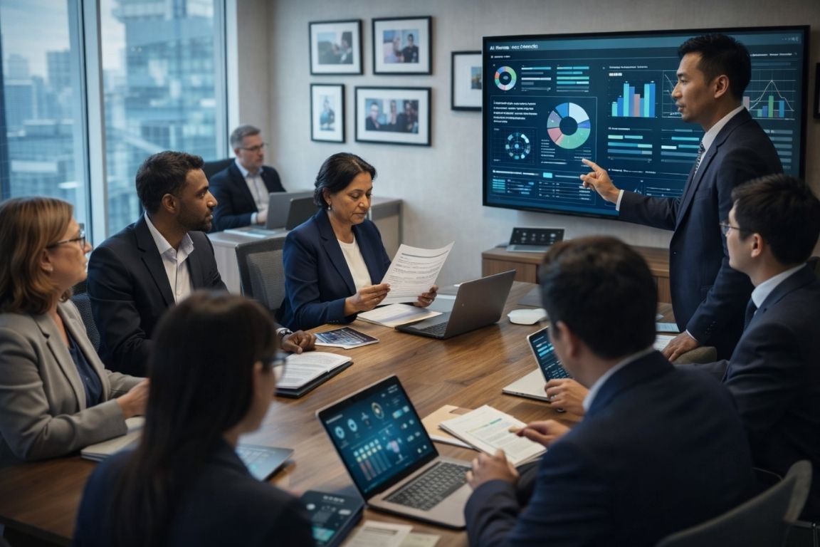 Diverse AI Ethics Council team collaborating in modern conference room reviewing governance policies and monitoring dashboards