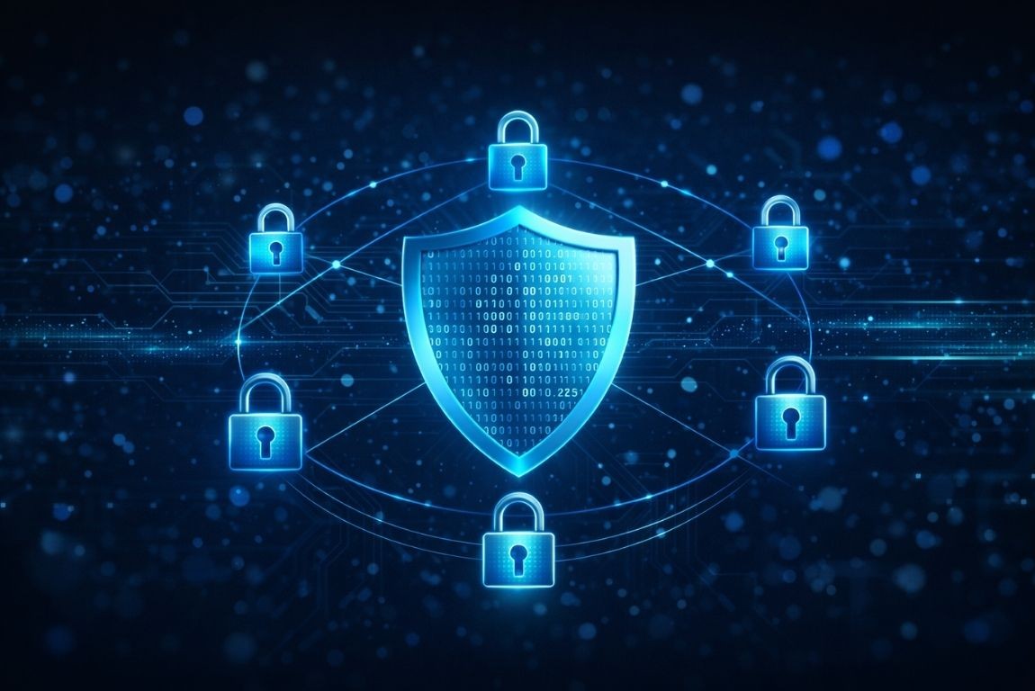 Zero-trust architecture digital security shield network protection visualization enterprise