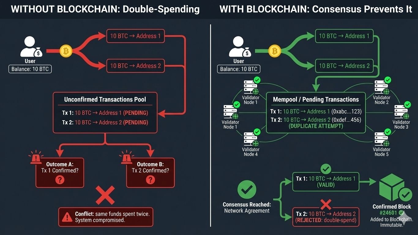 Double-spending attempt contrasted with blockchain consensus validating one transaction and rejecting duplicates.