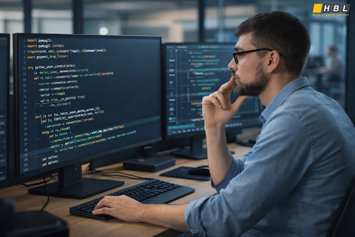 backend developer concentrating on Python code at desk with dual monitors