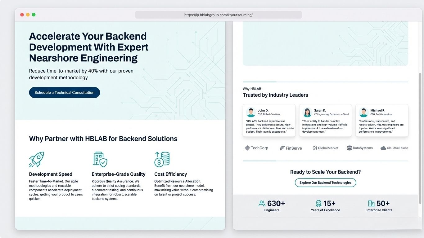 Backend development landing page with clear value proposition and CTA placement