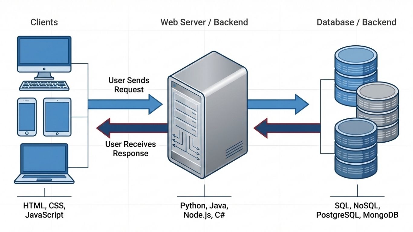 client-server architecture diagram with clients web server and database connectivity