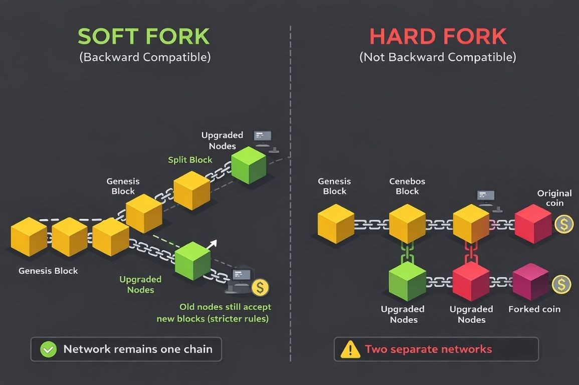 Soft fork vs hard fork comparison showing backward compatibility versus a permanent chain split.