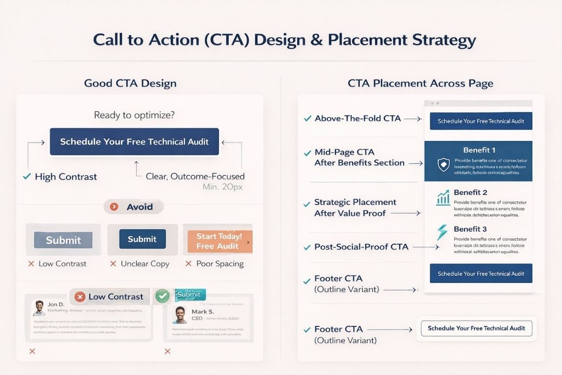 CTA design best practices: contrast, copy clarity, whitespace, and placement strategy