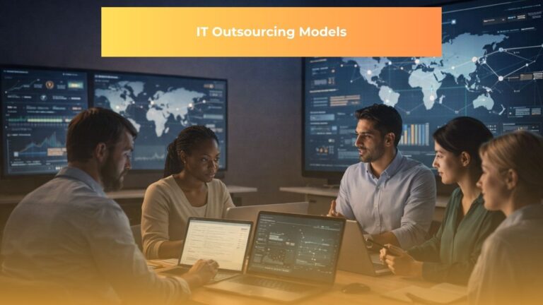 Hero image showing global IT outsourcing team collaborating in modern office