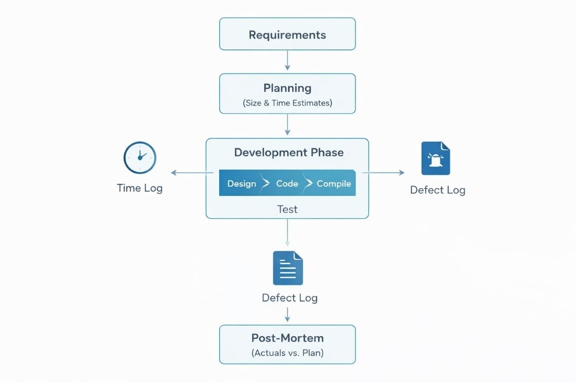 Team Software Process (TSP) and Personal Software Process (PSP) 6 A structured flowchart diagram showing the Personal Software Process (PSP) framework