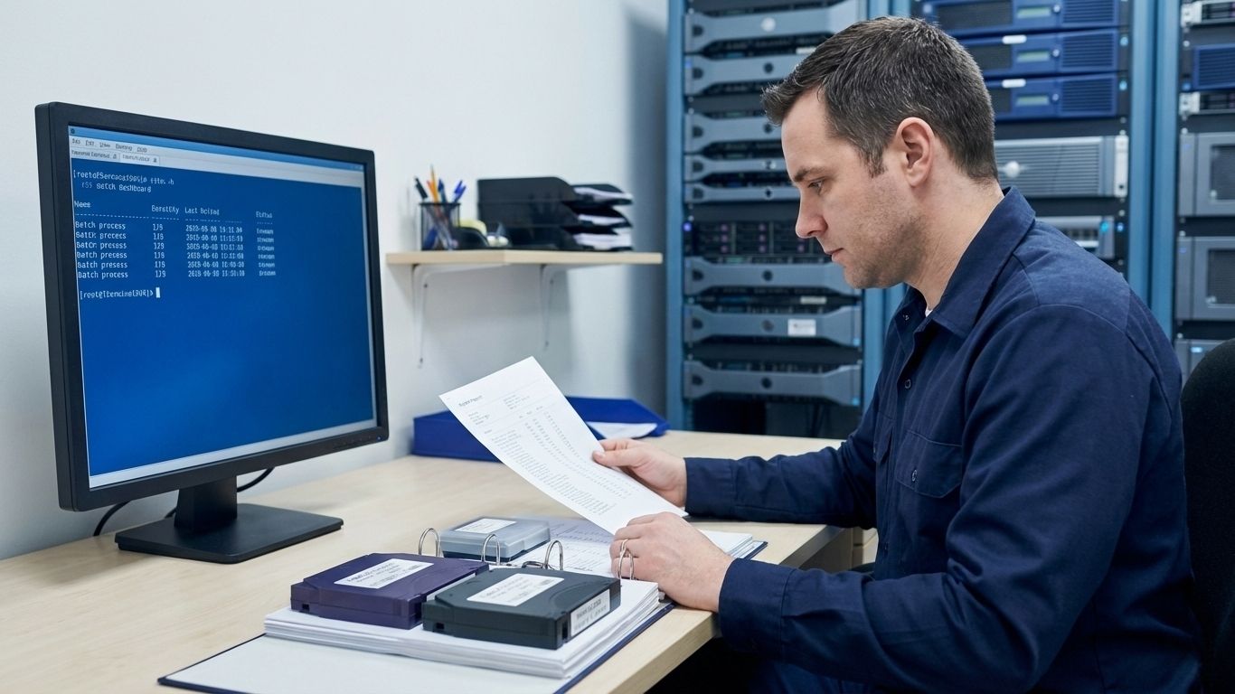 IT engineer managing legacy system backups with printed reports and archive media