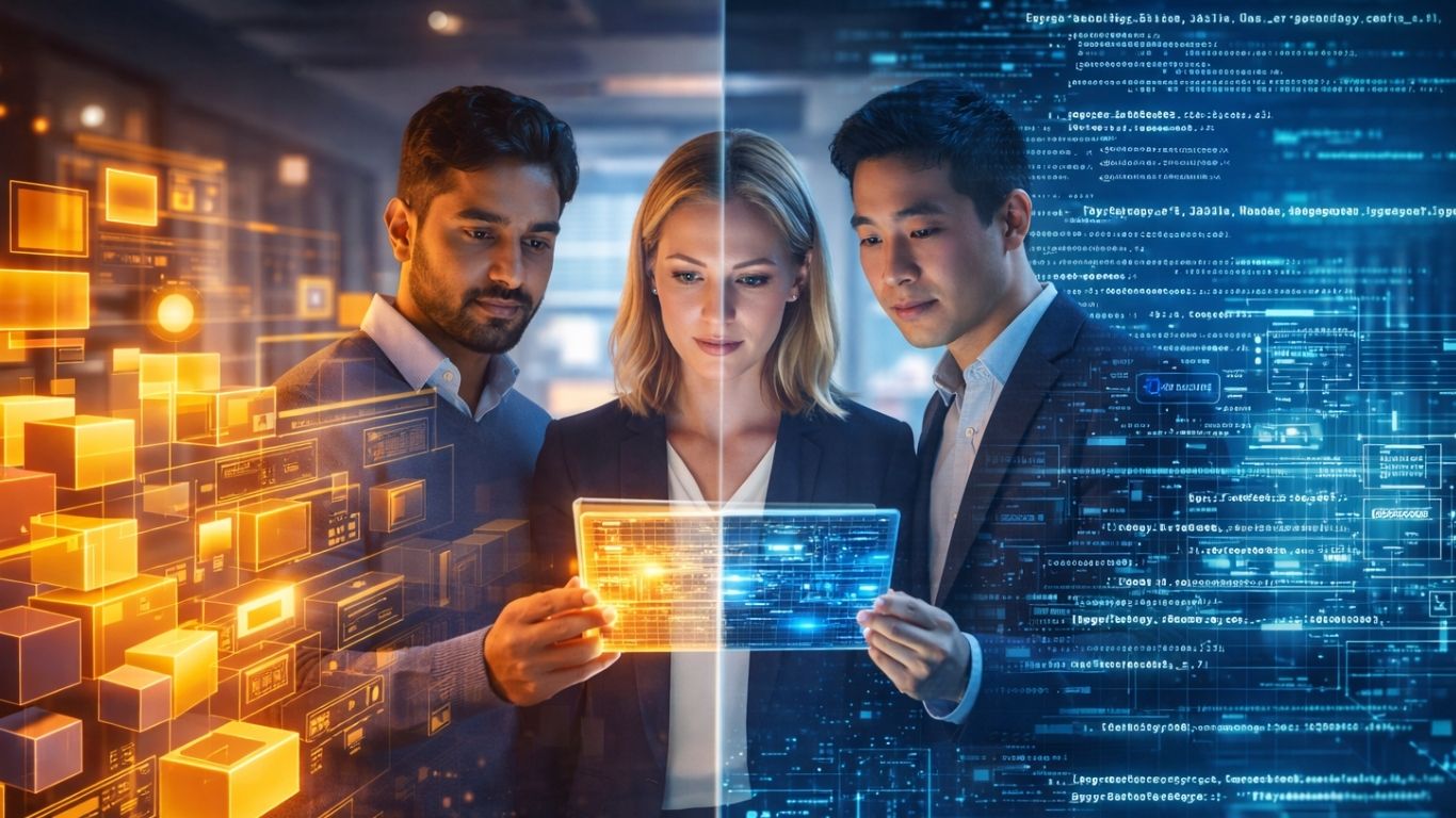 Low Code vs Traditional Development: Choosing the Right Approach for Your Project 7 a solo founder or IT team deciding between the visual assembly of low code and the manual engineering of traditional development based on time, skills, and project needs.