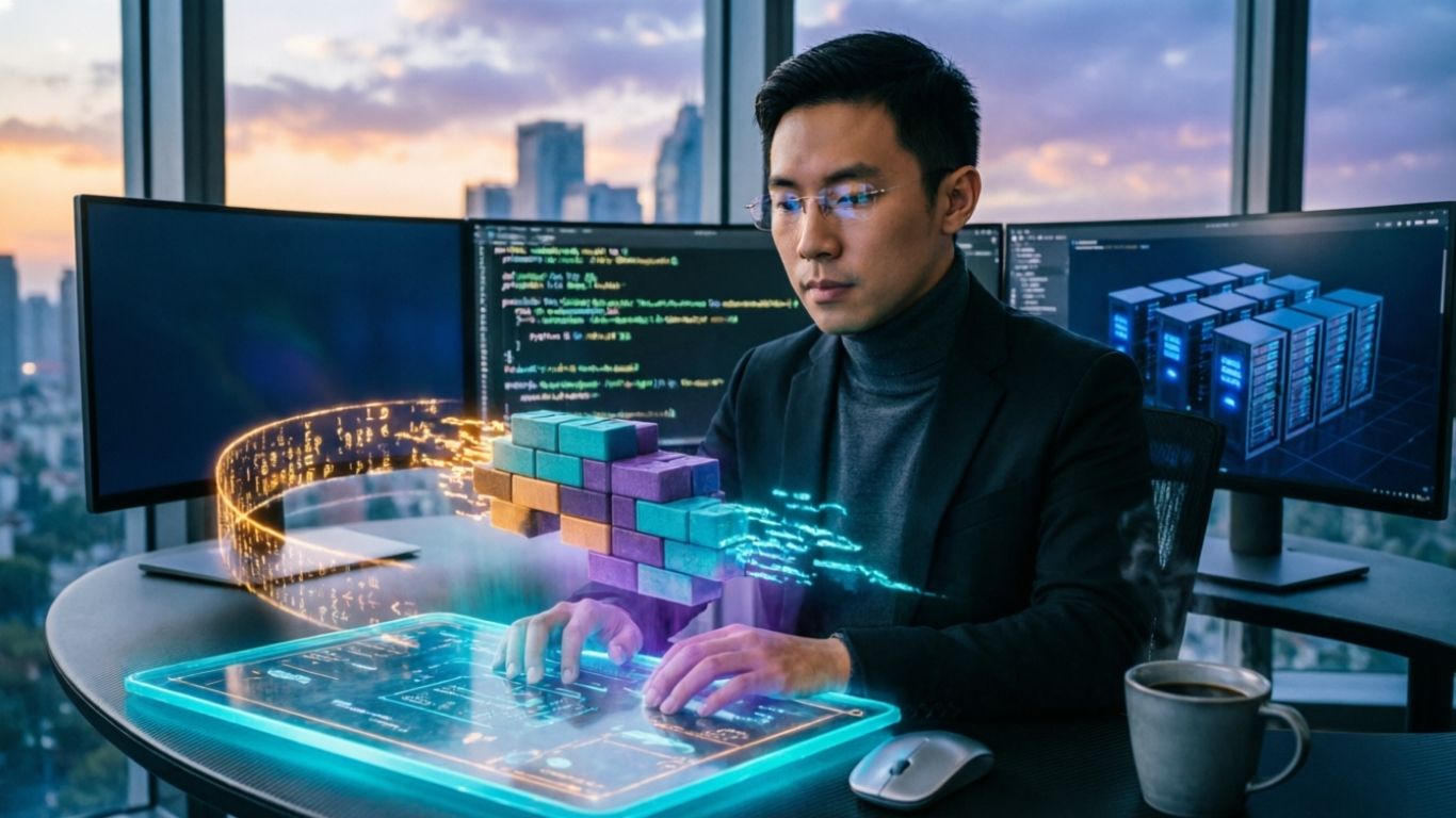 Low Code vs Traditional Development: Choosing the Right Approach for Your Project 8 A skilled software developer sitting at a sleek, dark-themed multi-monitor workstation in a premium modern IT department.