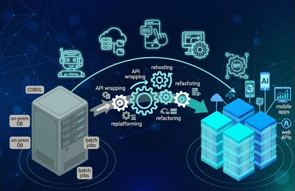 Diagram showing legacy system evolving stepwise into modern cloud‑native architecture