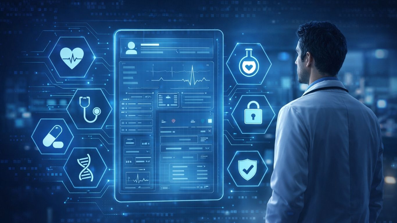 OutSystems Platform: Enterprise Low-Code App Development Solution 9 Digital healthcare dashboard showing low-code hospital apps and patient data icons.