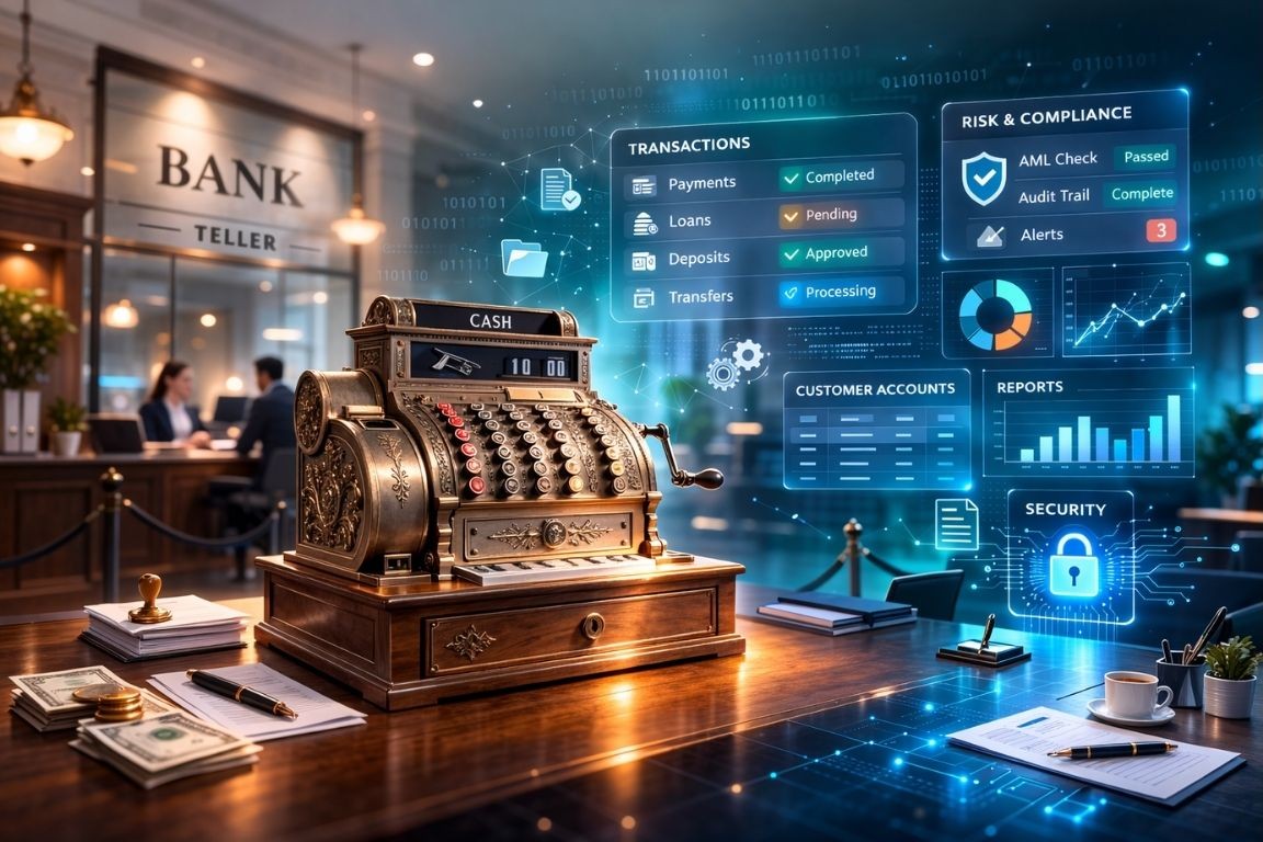Vintage cash register contrasted with modern digital banking interface and data overlays