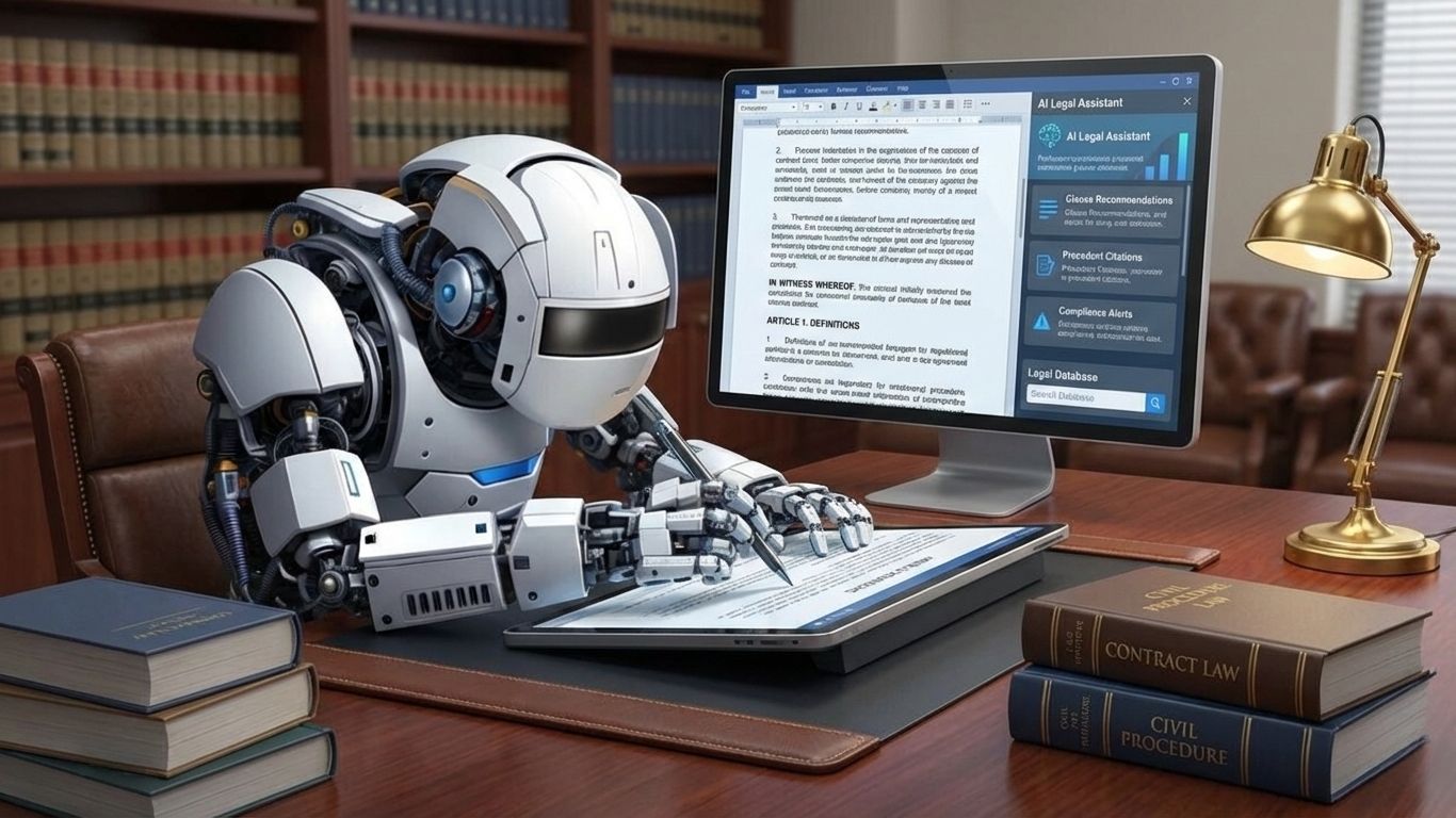 Robot using an AI writing tool at a desk with documents and notebooks.