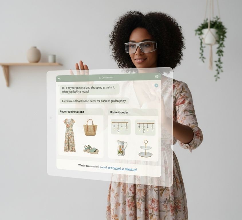 AI-assisted online shopping with product interfaces.