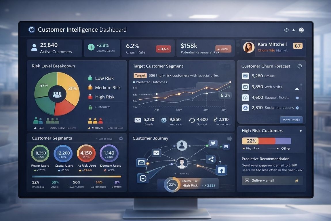 An example of Software Product Ideas: analytics dashboard on a laptop with floating KPI charts.