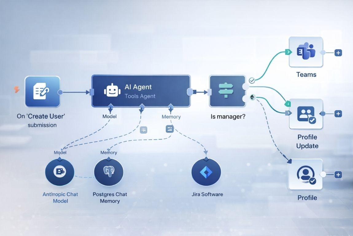 AI agent workflow diagram connecting tools and routing actions based on conditions.