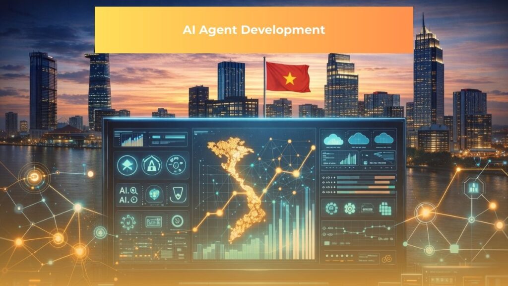 Professional visualization of Vietnam's AI infrastructure showing interconnected technology nodes, data visualization dashboards, and server systems representing enterprise-grade AI outsourcing capabilities