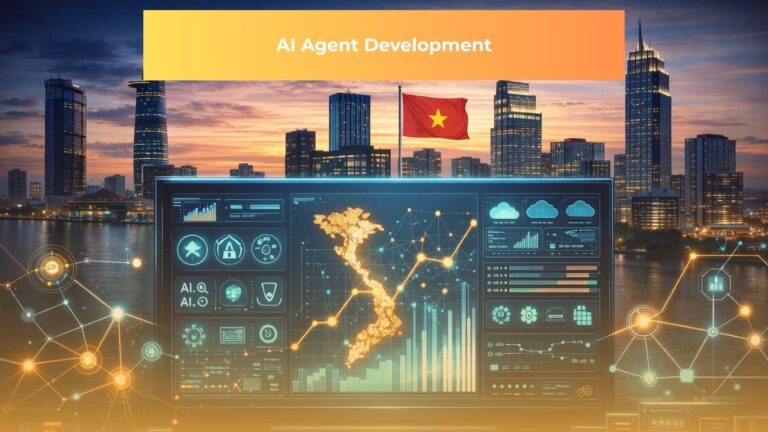 Professional visualization of Vietnam's AI infrastructure showing interconnected technology nodes, data visualization dashboards, and server systems representing enterprise-grade AI outsourcing capabilities