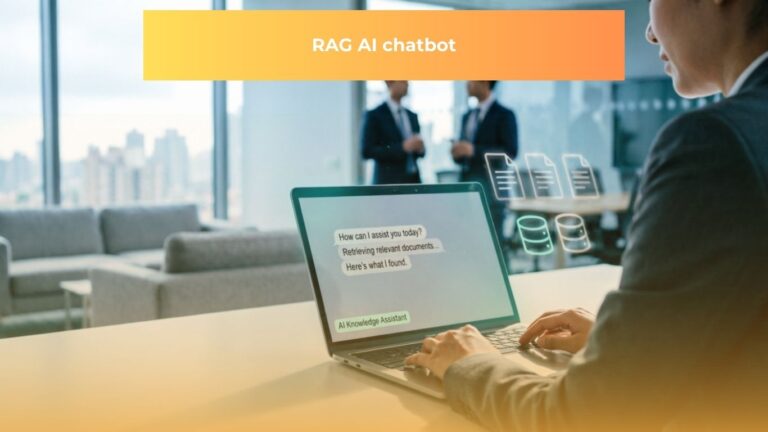 Business leader using AI chatbot interface for RAG‑powered enterprise knowledge search.