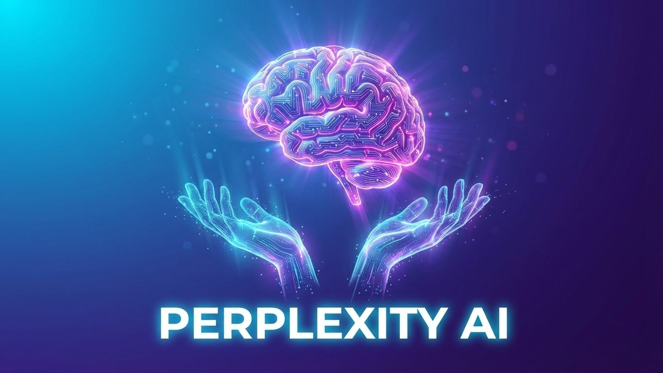 Perplexity AI label with glowing neural brain and holographic interface on gradient background
