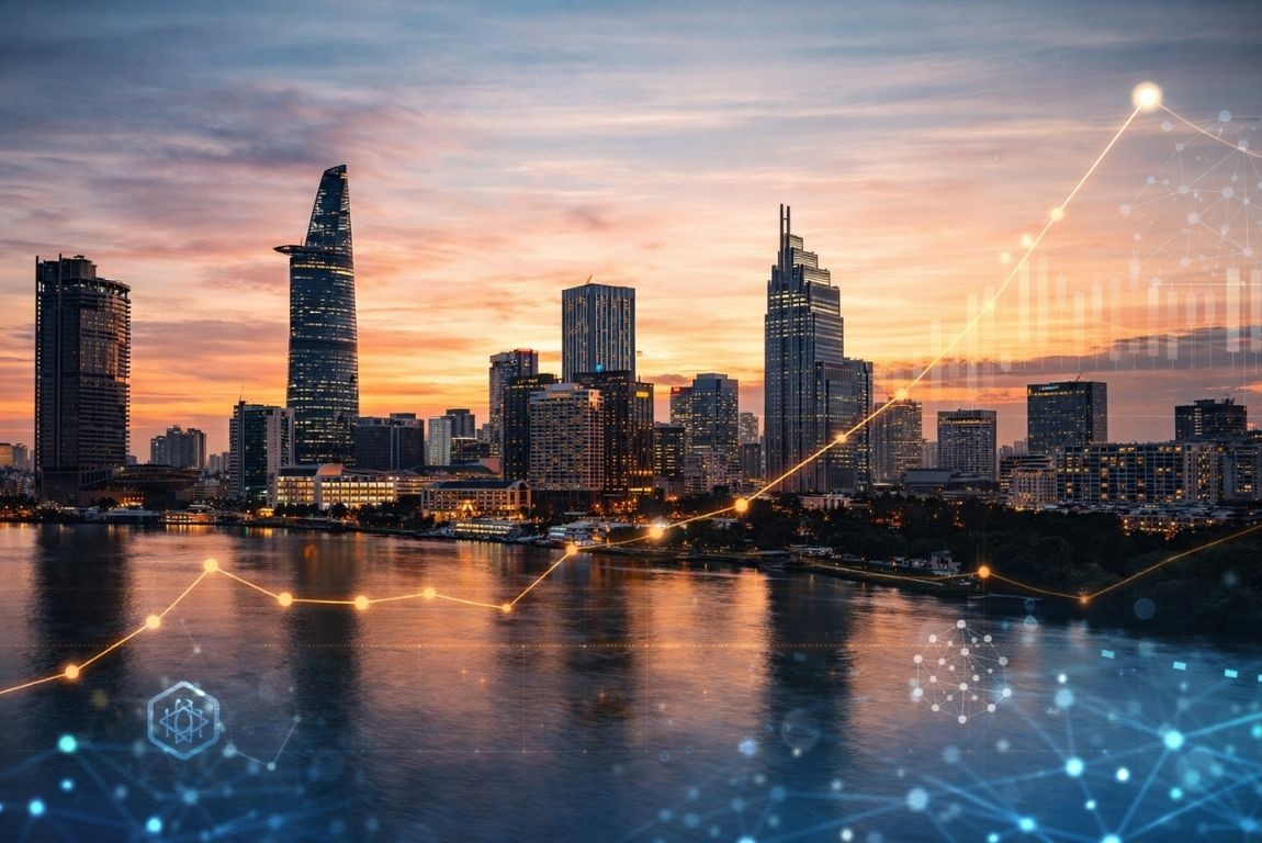 Ho Chi Minh City skyline at sunset with modern financial district towers along the Saigon River, overlaid with subtle upward trending graph and digital network nodes 