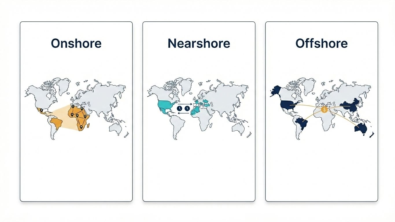 IT Outsourcing Models: Types, Pricing, and How to Choose the Right One in 2026 7 Infographic comparing onshore, nearshore, and offshore IT outsourcing locations