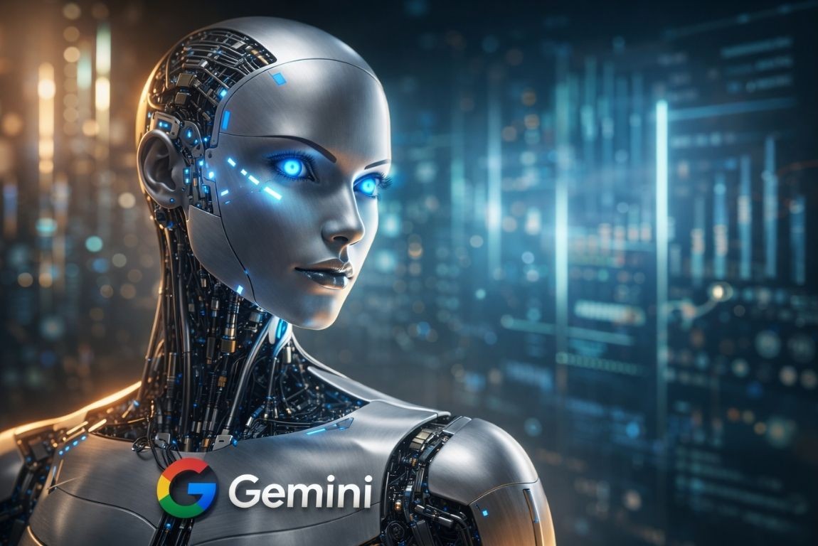 Gemini labeled metallic humanoid with glowing logo and data streams background
