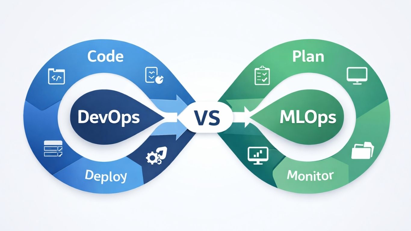 Side-by-side comparison highlighting key differences between DevOps and MLOps practices.