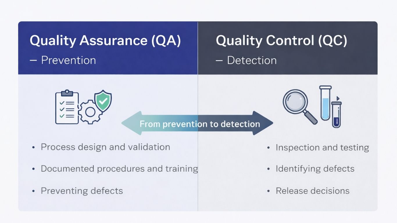 Side‑by‑side comparison graphic explaining quality assurance versus quality control.