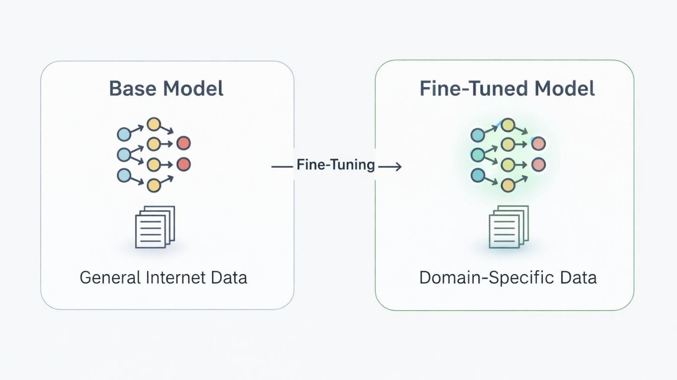 Large language model pre-training versus fine-tuning concept illustration