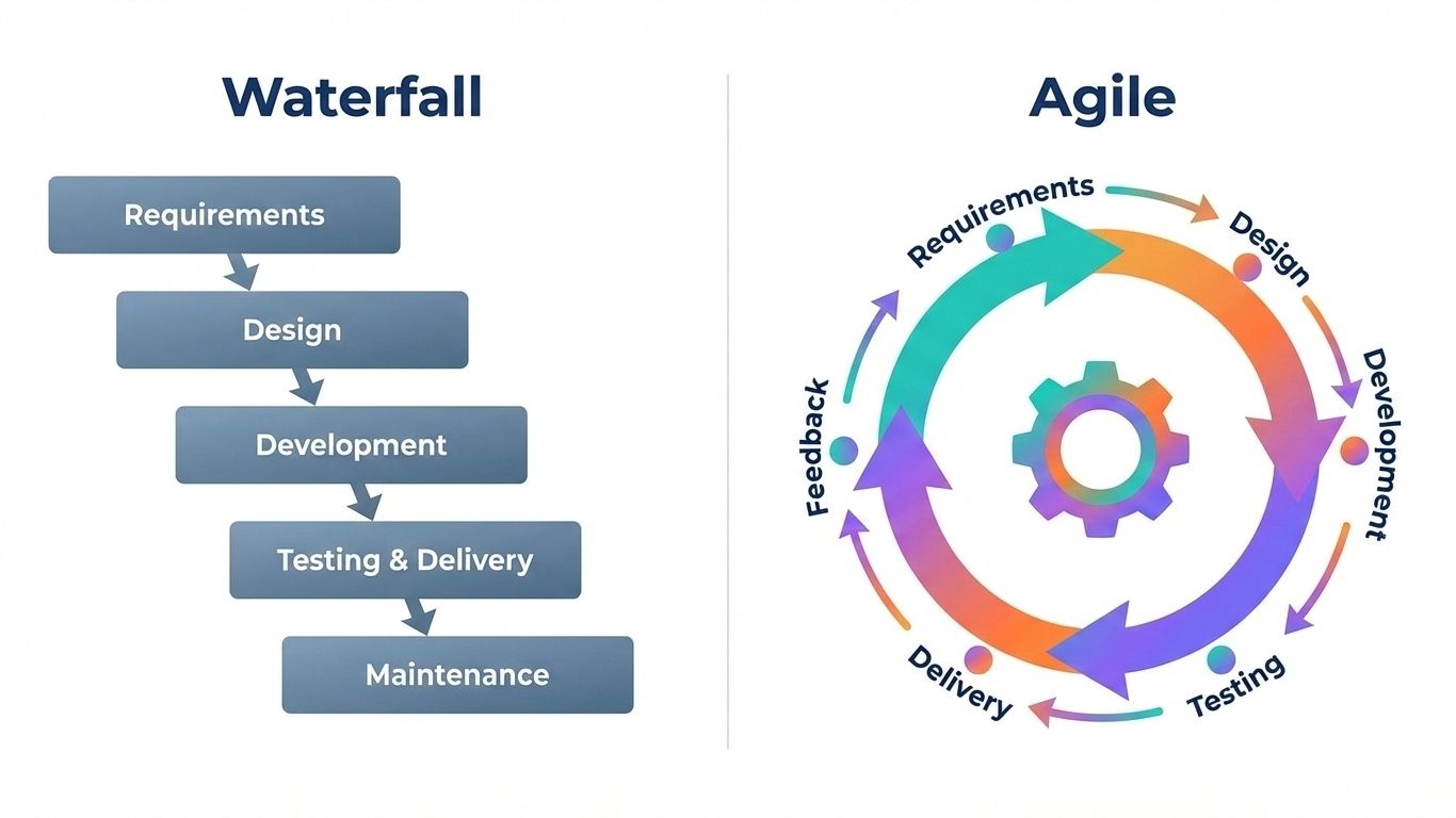 IT Outsourcing Models: Types, Pricing, and How to Choose the Right One in 2026 10 Infographic contrasting waterfall and agile software development processes