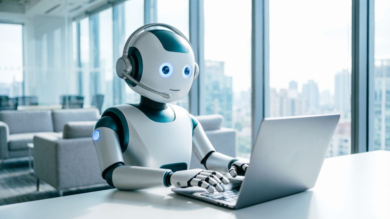 RAG AI Chatbot: Stop AI Hallucinations and How to build one 6 Office robot using laptop, representing an enterprise RAG AI support chatbot.