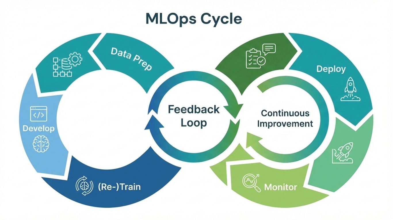 Circular workflow showing data prep, development, training, deployment, monitoring, and feedback loops.