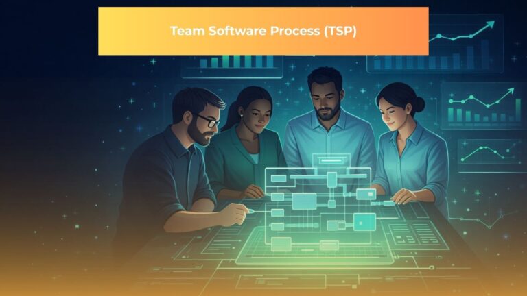 a cohesive group of diverse software engineers standing around a glowing holographic blueprint of a complex software architecture.