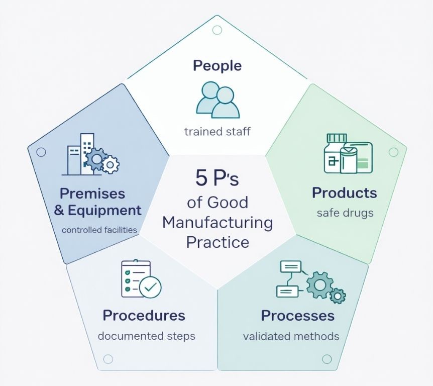 Diagram of the five P’s of Good Manufacturing Practice in pharmaceutical quality assurance.