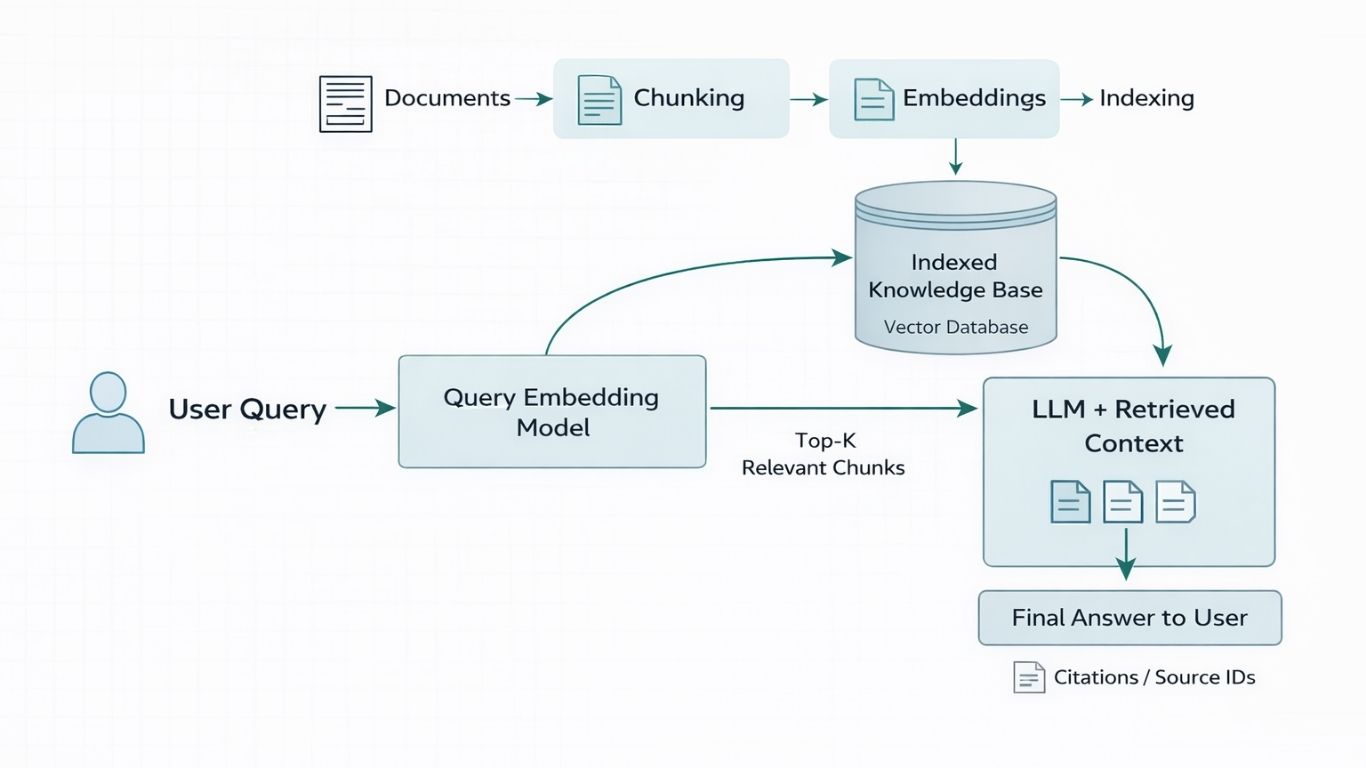 RAG AI Chatbot: Stop AI Hallucinations and How to build one 9 Flowchart of RAG architecture connecting user queries, vector database, and LLM responses with citations.