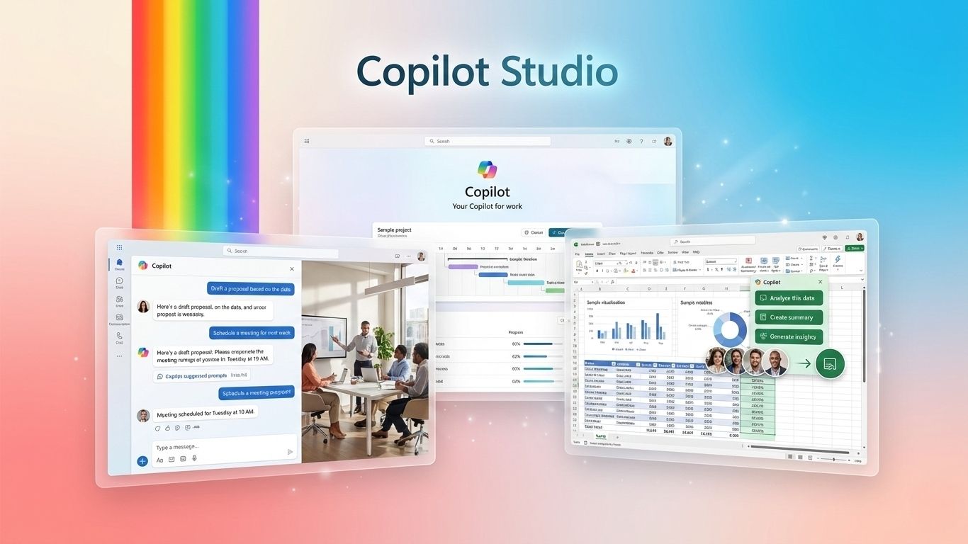 Copilot Studio labeled integrating productivity tools email spreadsheets and chat
