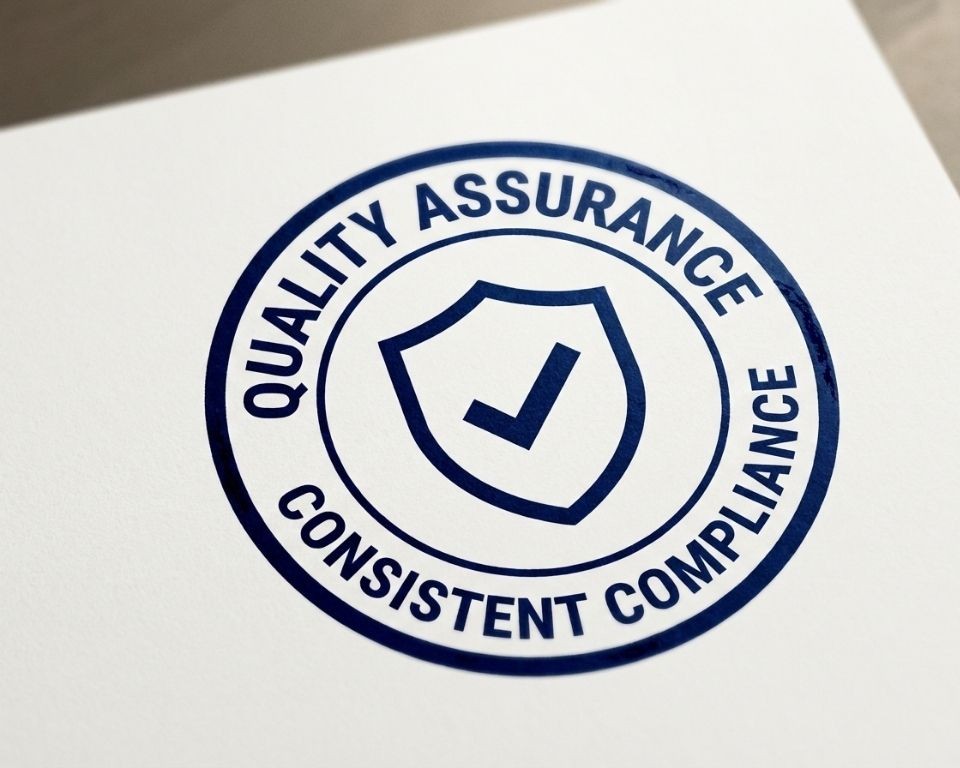 Realistic circular quality assurance approval seal on white paper.