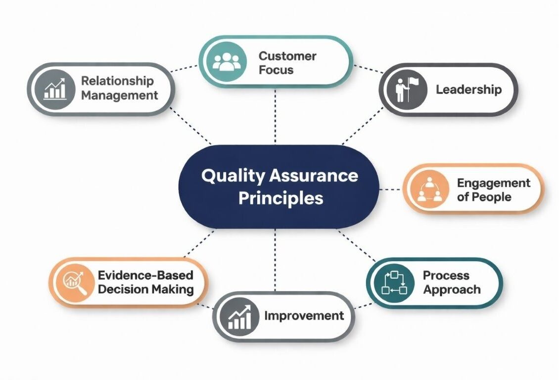 Infographic of seven quality assurance principles for ISO 9001 in regulated manufacturing.
