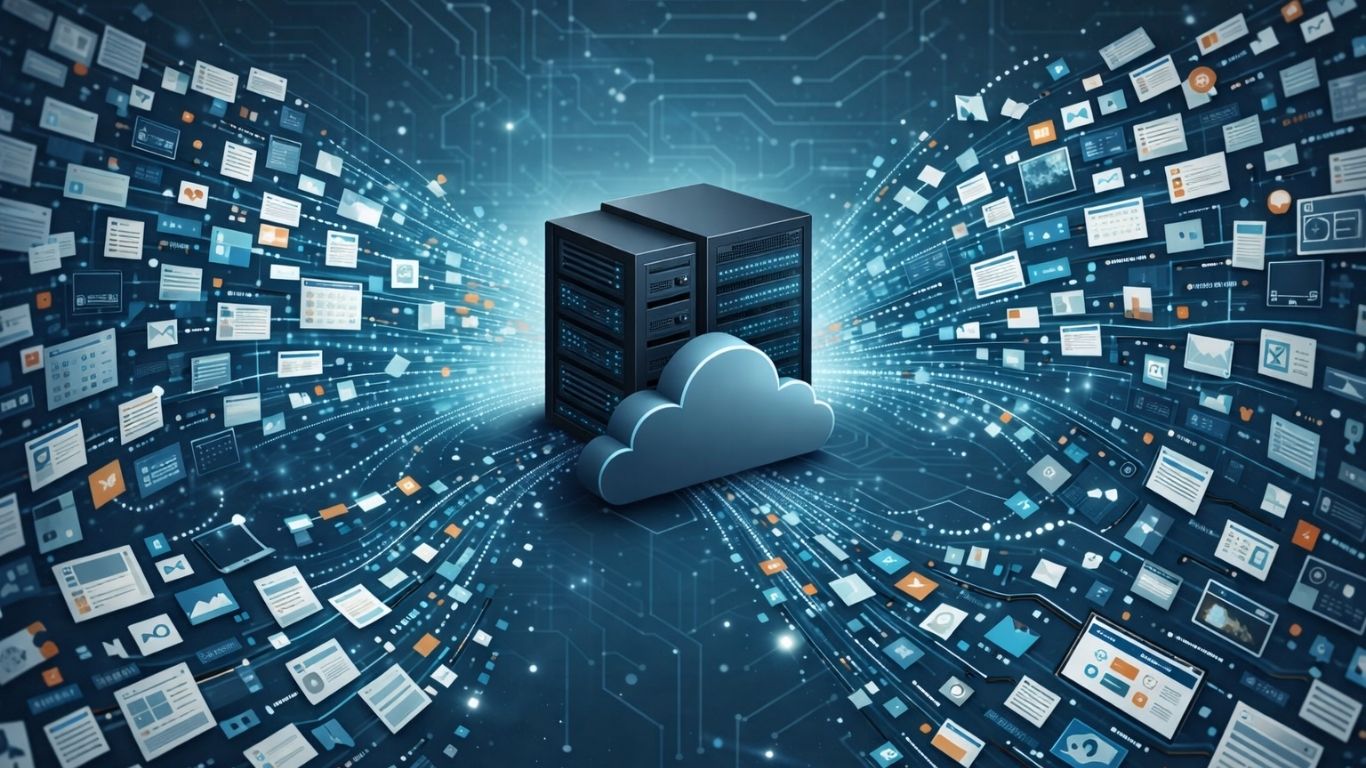 Abstract visualization of internet-scale data feeding an AI system